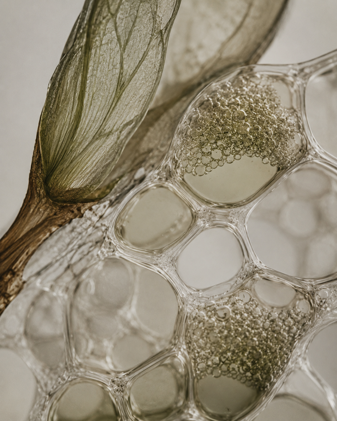 Macro close-up of a translucent green leaf or plant structure with bubble-filled cells against a soft light gray background.